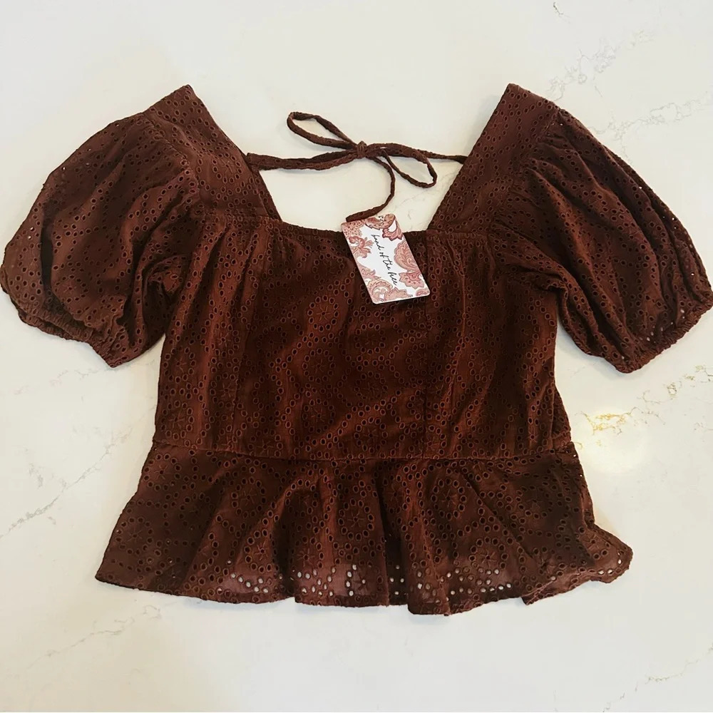 BAND OF THE FREE Palmer Eyelet Lace Walnut Brown Boho Peplum Top NWT Medium - Picture 4 of 8